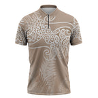Aotearoa Maori Koru Curves Zipper Polo Shirt Silver Ferns - Mocha