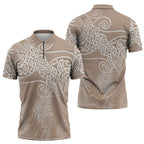 Aotearoa Maori Koru Curves Zipper Polo Shirt Silver Ferns - Mocha