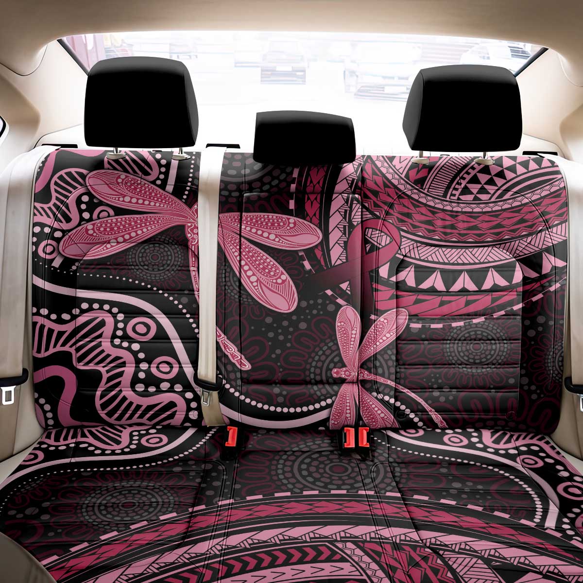 Australia Indigenous Mix Polynesian Back Car Seat Cover Pink Ribbon and Dragonflies - Aussie Hoodie
