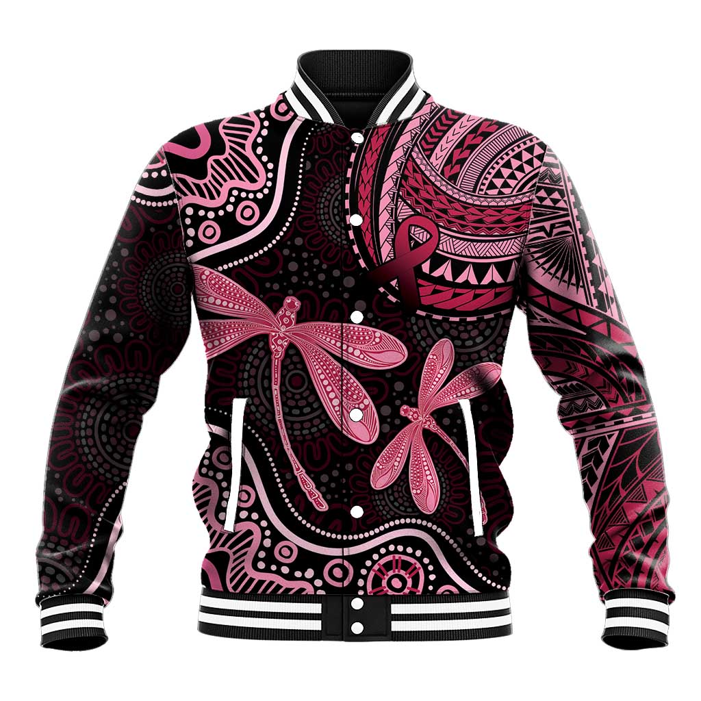 Australia Indigenous Mix Polynesian Baseball Jacket Pink Ribbon and Dragonflies - Aussie Hoodie