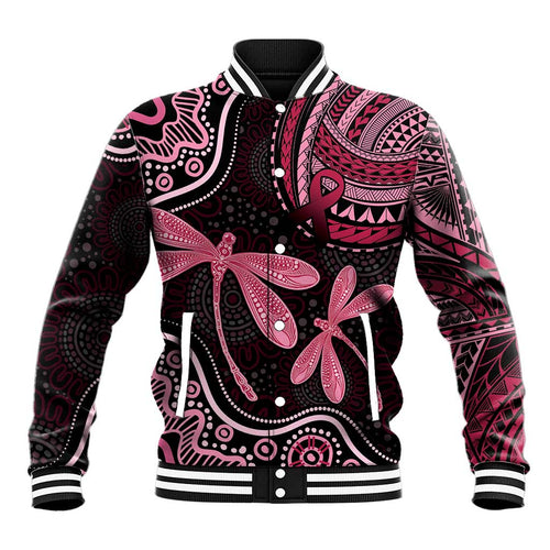 Australia Indigenous Mix Polynesian Baseball Jacket Pink Ribbon and Dragonflies - Aussie Hoodie