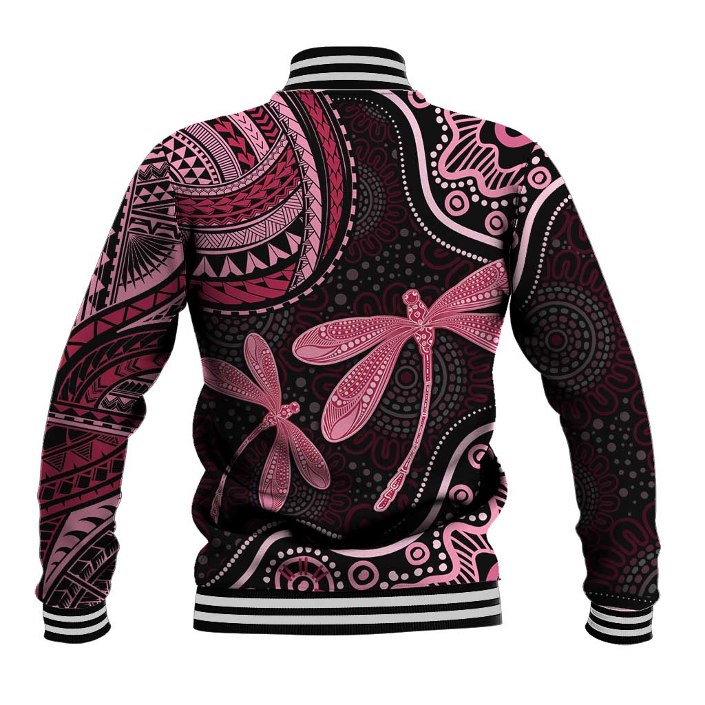 Australia Indigenous Mix Polynesian Baseball Jacket Pink Ribbon and Dragonflies - Aussie Hoodie