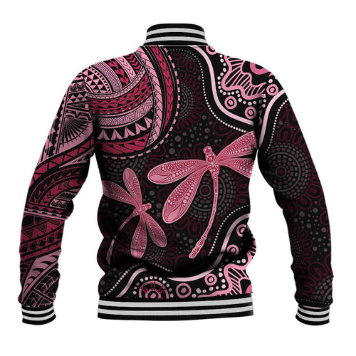 Australia Indigenous Mix Polynesian Baseball Jacket Pink Ribbon and Dragonflies - Aussie Hoodie