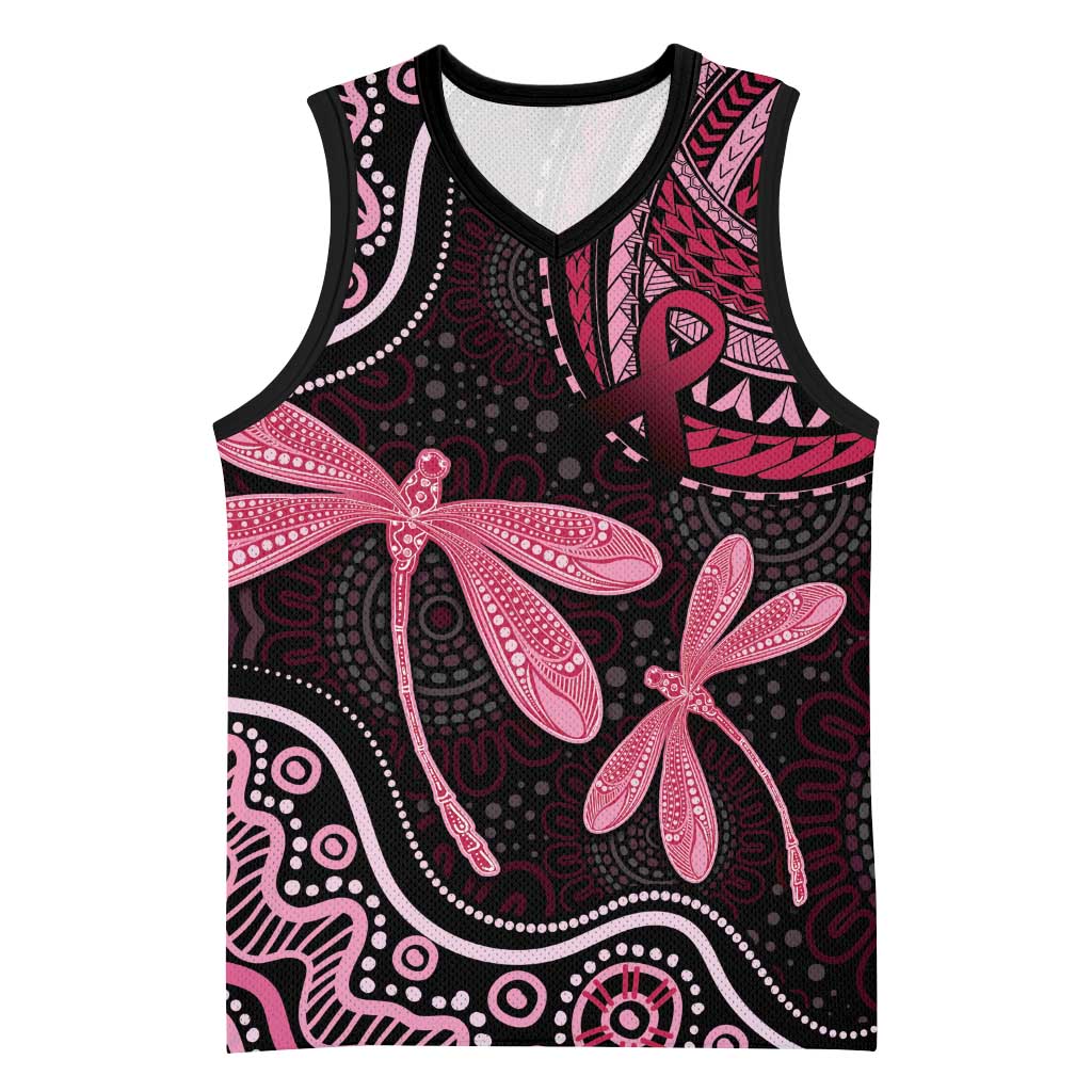 Australia Indigenous Mix Polynesian Basketball Jersey Pink Ribbon and Dragonflies - Aussie Hoodie