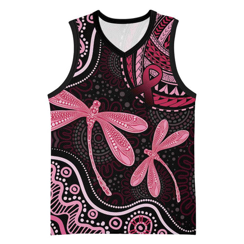 Australia Indigenous Mix Polynesian Basketball Jersey Pink Ribbon and Dragonflies - Aussie Hoodie