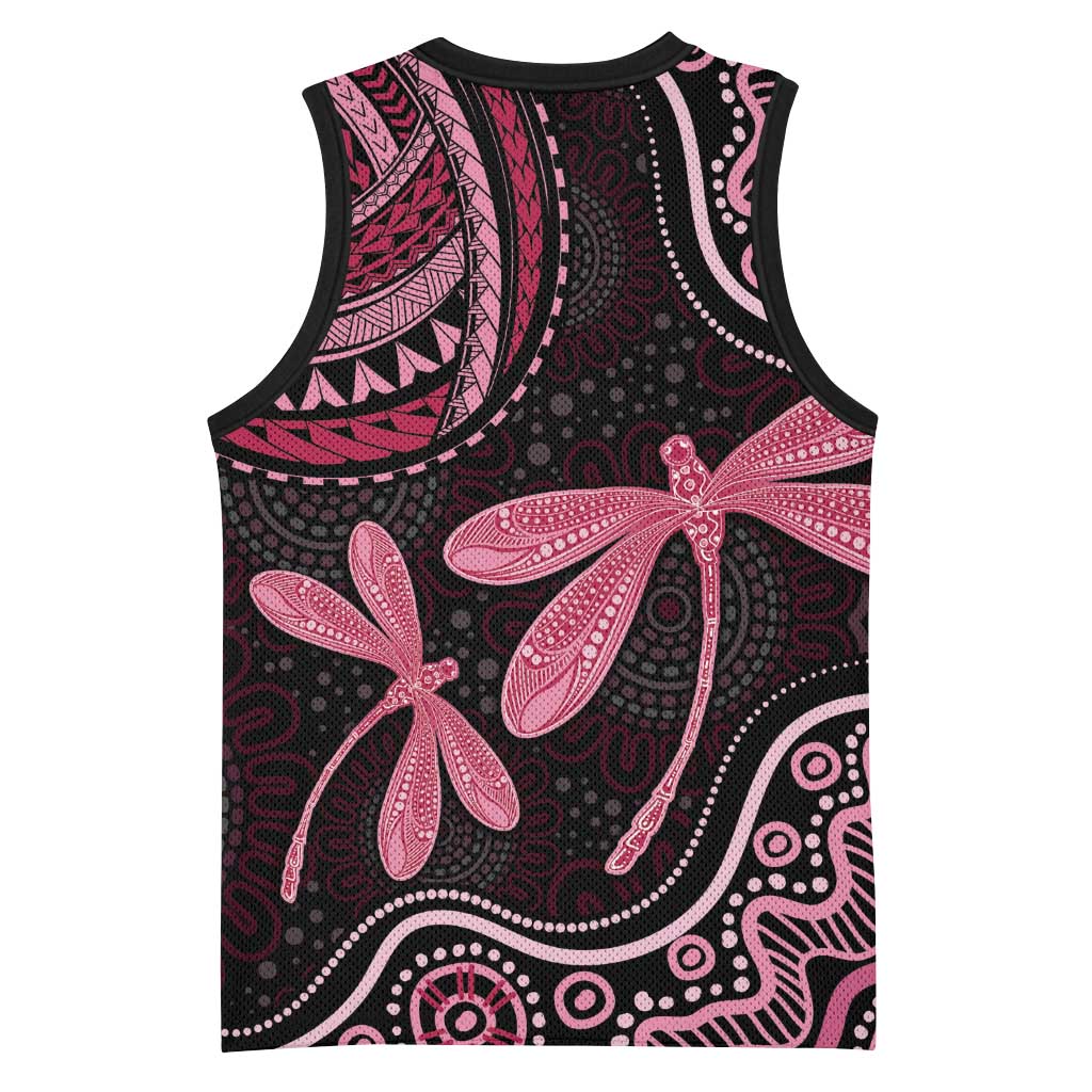 Australia Indigenous Mix Polynesian Basketball Jersey Pink Ribbon and Dragonflies - Aussie Hoodie