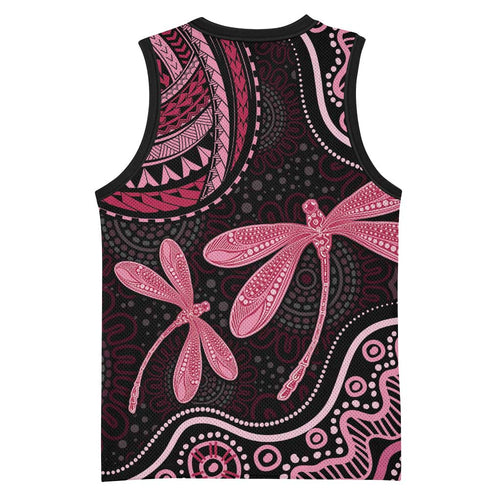 Australia Indigenous Mix Polynesian Basketball Jersey Pink Ribbon and Dragonflies - Aussie Hoodie