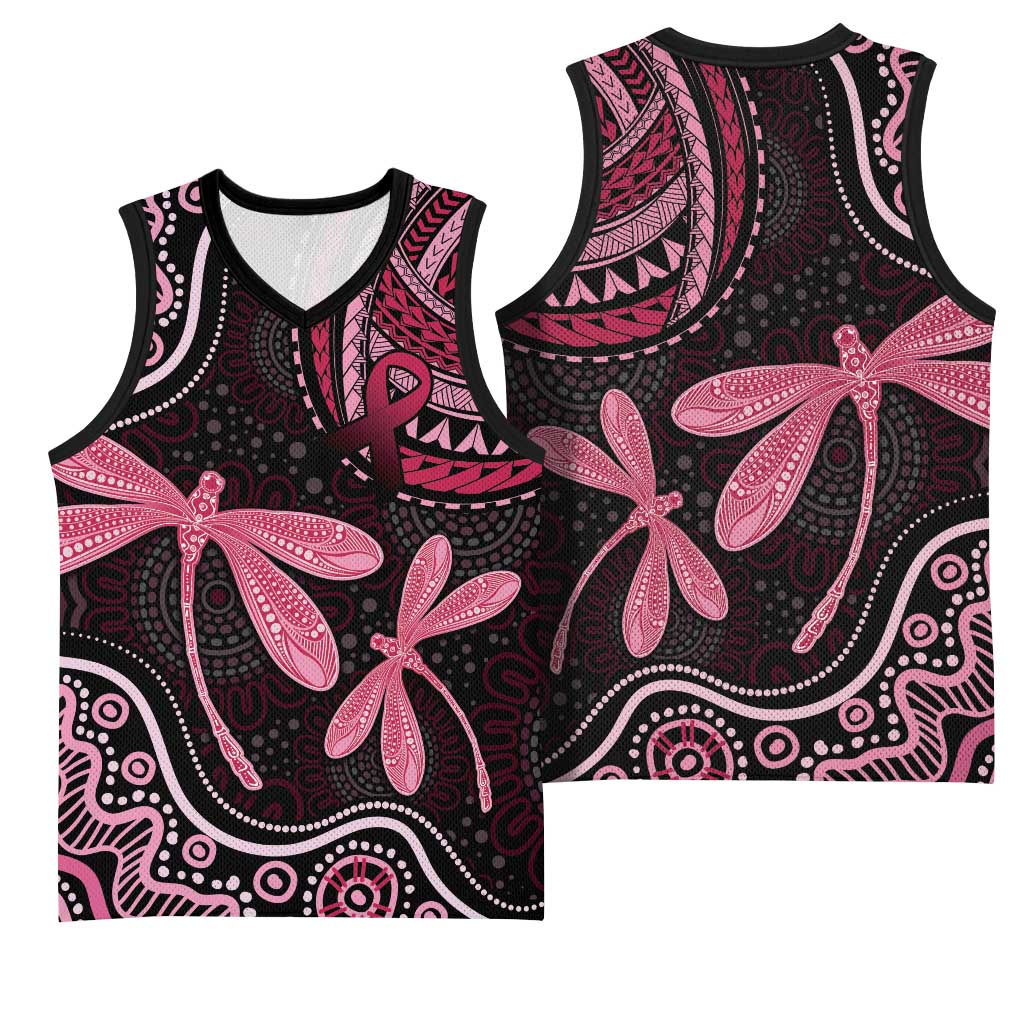 Australia Indigenous Mix Polynesian Basketball Jersey Pink Ribbon and Dragonflies - Aussie Hoodie