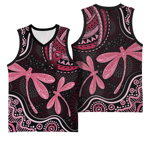 Australia Indigenous Mix Polynesian Basketball Jersey Pink Ribbon and Dragonflies - Aussie Hoodie