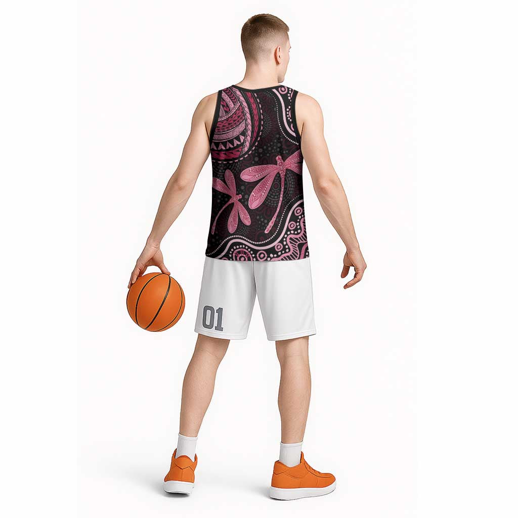 Australia Indigenous Mix Polynesian Basketball Jersey Pink Ribbon and Dragonflies - Aussie Hoodie