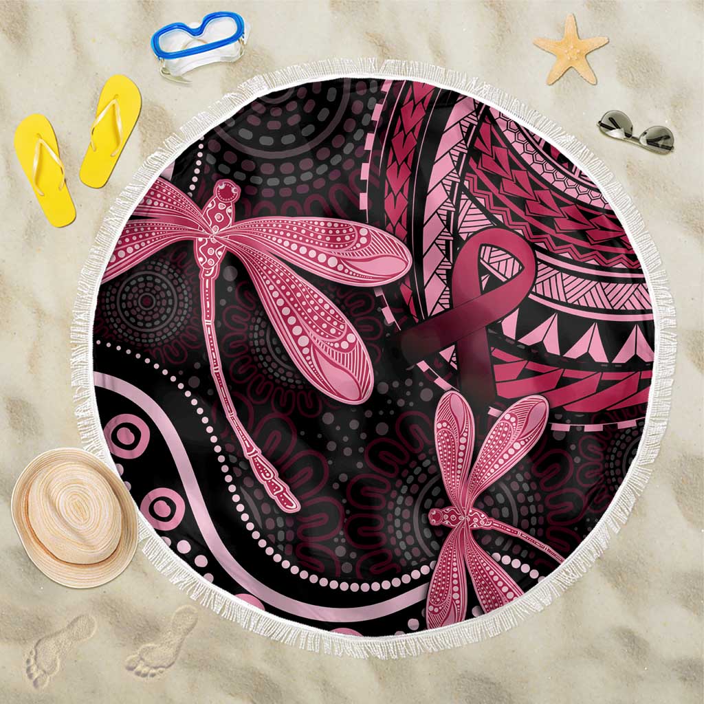 Australia Indigenous Mix Polynesian Beach Blanket Pink Ribbon and Dragonflies - Aussie Hoodie