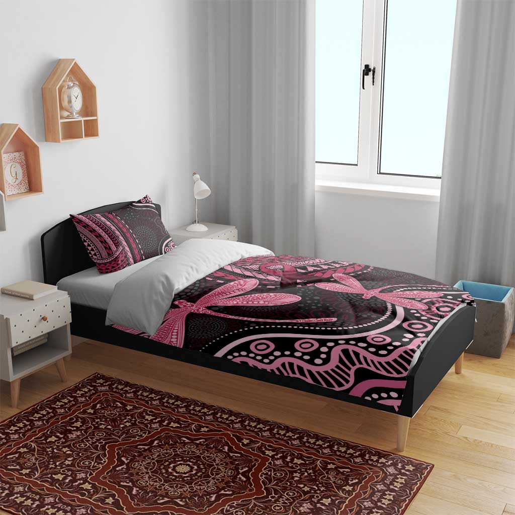 Australia Indigenous Mix Polynesian Bedding Set Pink Ribbon and Dragonflies - Aussie Hoodie