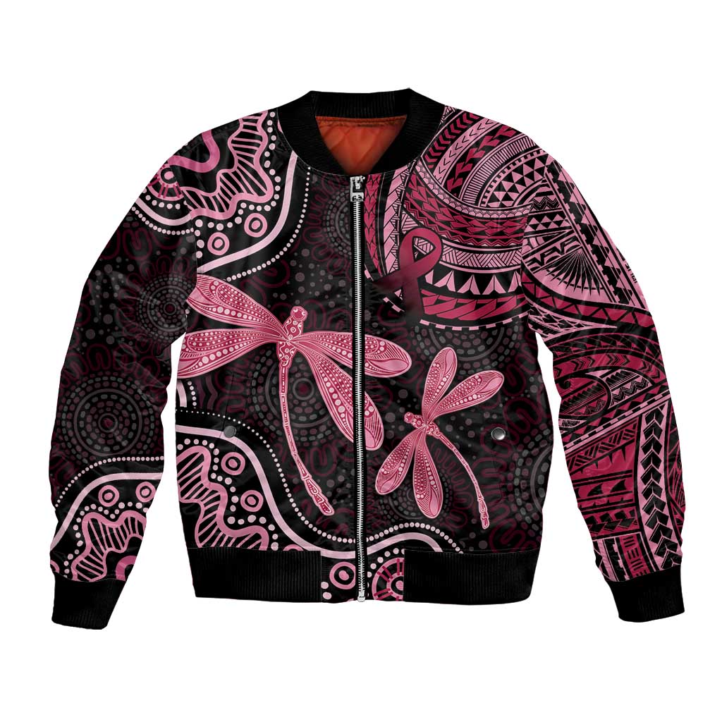 Australia Indigenous Mix Polynesian Bomber Jacket Pink Ribbon and Dragonflies - Aussie Hoodie