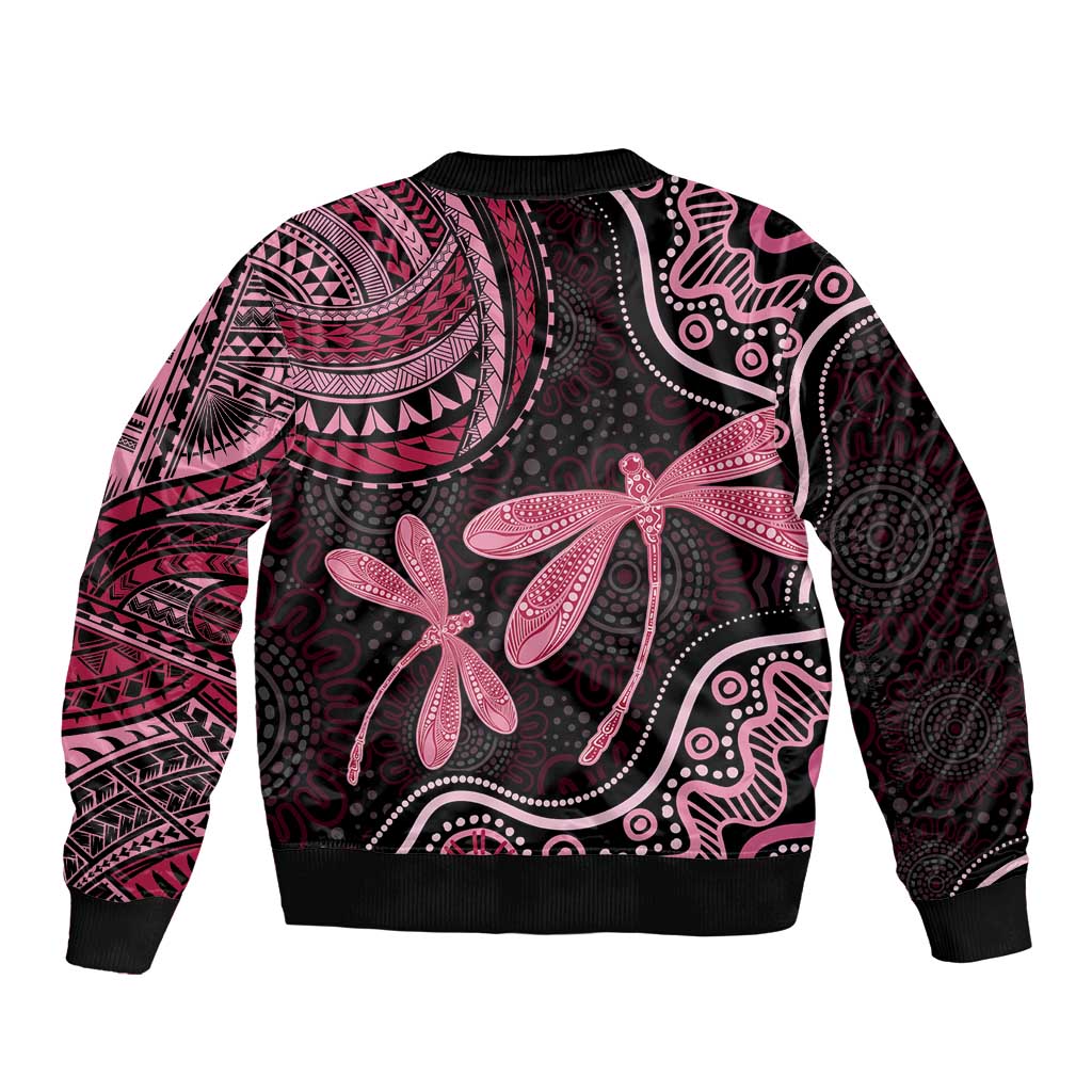 Australia Indigenous Mix Polynesian Bomber Jacket Pink Ribbon and Dragonflies - Aussie Hoodie