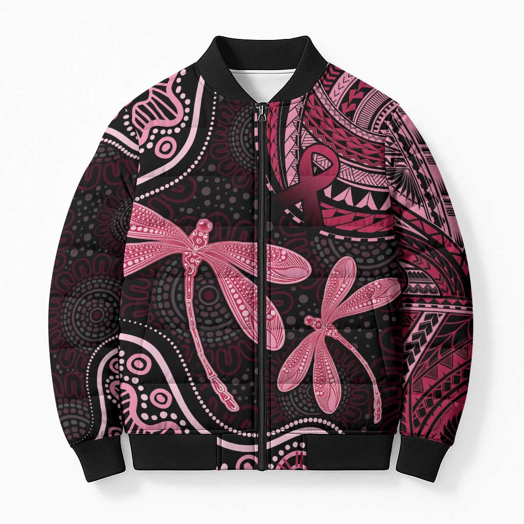 Australia Indigenous Mix Polynesian Bomber Puffer Jacket Pink Ribbon and Dragonflies - Aussie Hoodie