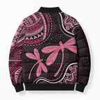 Australia Indigenous Mix Polynesian Bomber Puffer Jacket Pink Ribbon and Dragonflies - Aussie Hoodie