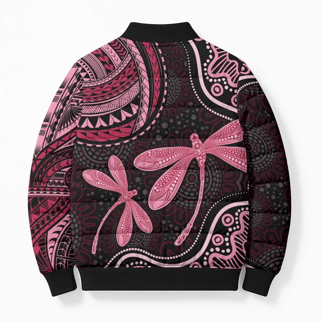 Australia Indigenous Mix Polynesian Bomber Puffer Jacket Pink Ribbon and Dragonflies - Aussie Hoodie