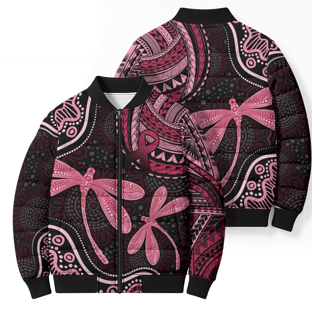 Australia Indigenous Mix Polynesian Bomber Puffer Jacket Pink Ribbon and Dragonflies - Aussie Hoodie