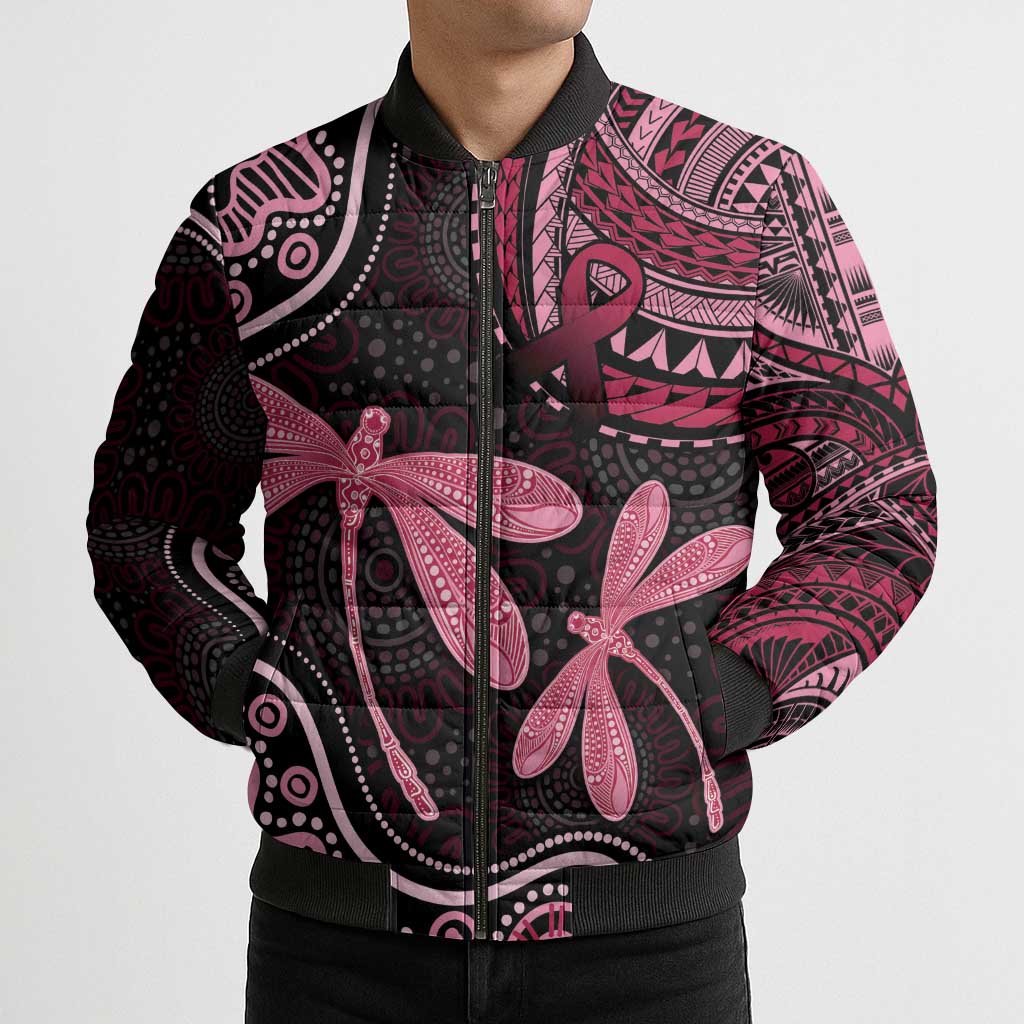 Australia Indigenous Mix Polynesian Bomber Puffer Jacket Pink Ribbon and Dragonflies - Aussie Hoodie