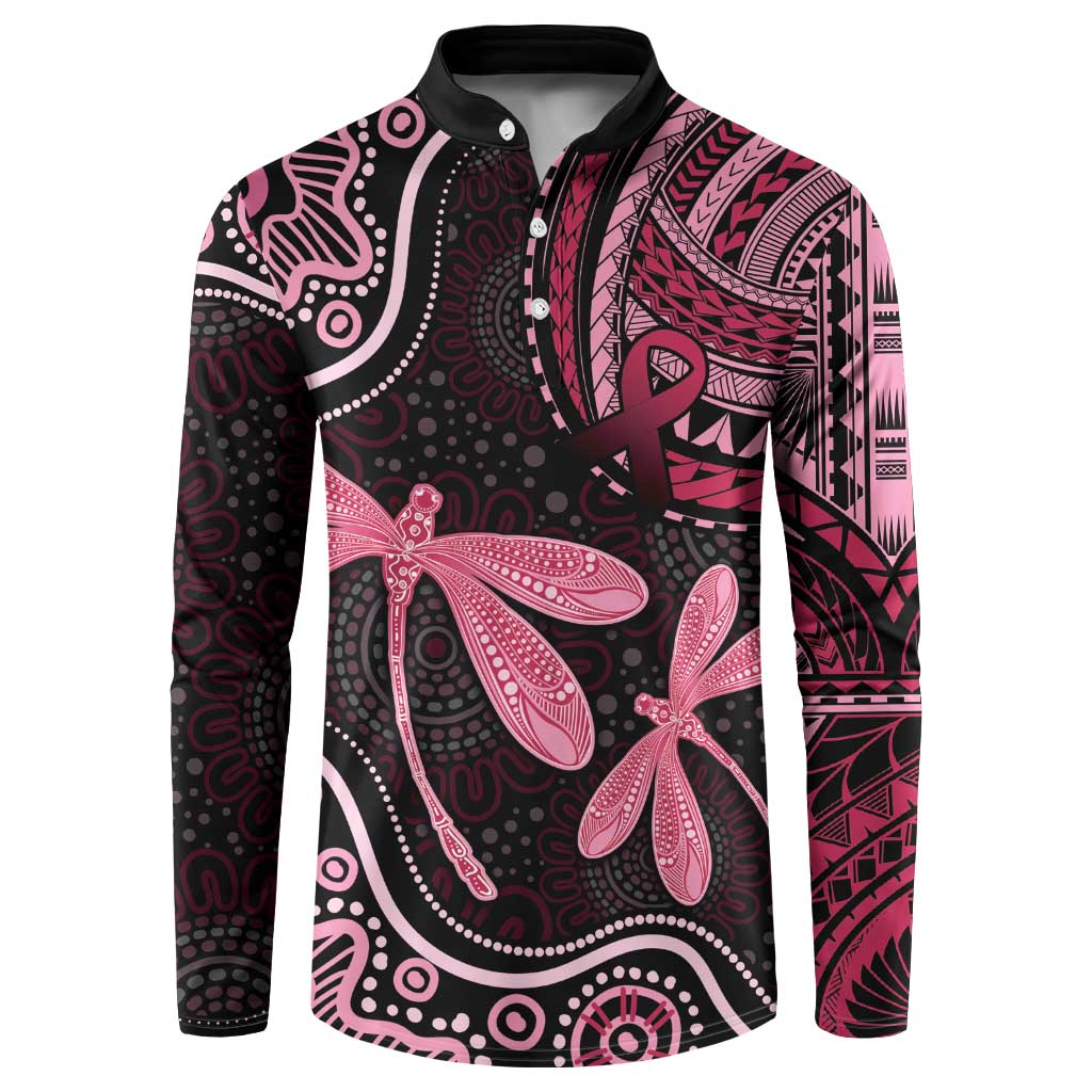 Australia Indigenous Mix Polynesian Button Sweatshirt Pink Ribbon and Dragonflies - Aussie Hoodie