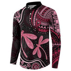 Australia Indigenous Mix Polynesian Button Sweatshirt Pink Ribbon and Dragonflies - Aussie Hoodie