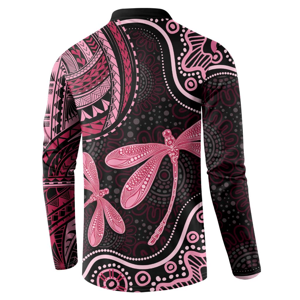 Australia Indigenous Mix Polynesian Button Sweatshirt Pink Ribbon and Dragonflies - Aussie Hoodie