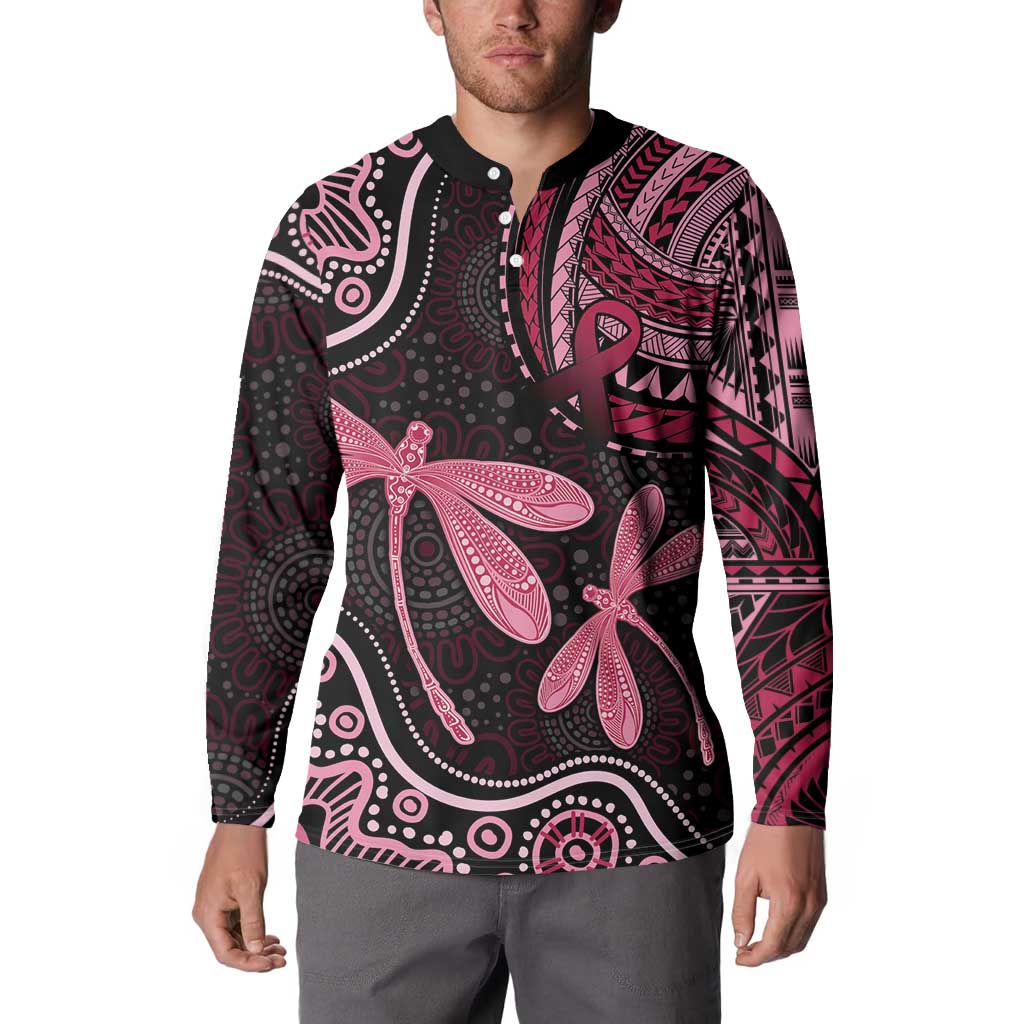 Australia Indigenous Mix Polynesian Button Sweatshirt Pink Ribbon and Dragonflies - Aussie Hoodie