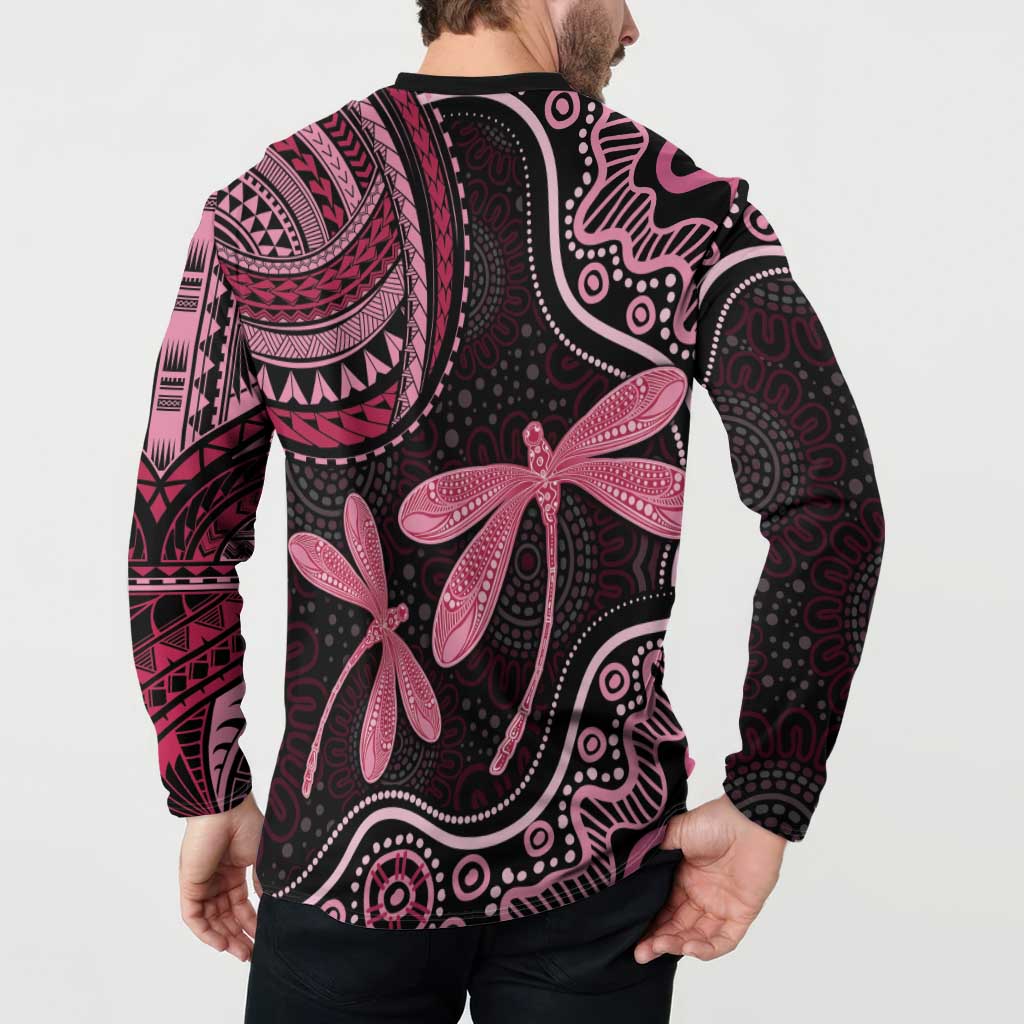 Australia Indigenous Mix Polynesian Button Sweatshirt Pink Ribbon and Dragonflies - Aussie Hoodie