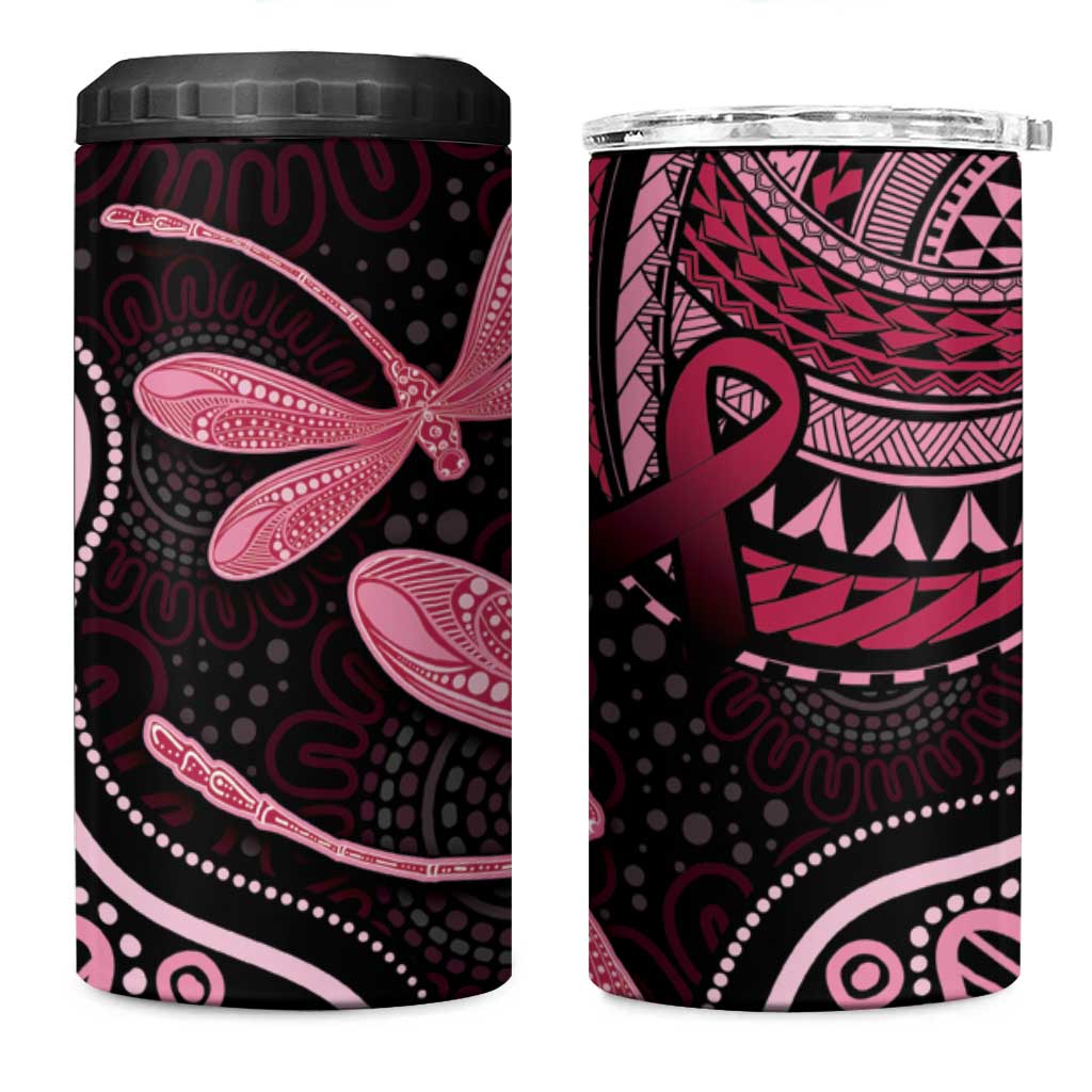 Australia Indigenous Mix Polynesian 4 in 1 Can Cooler Tumbler Pink Ribbon and Dragonflies - Aussie Hoodie