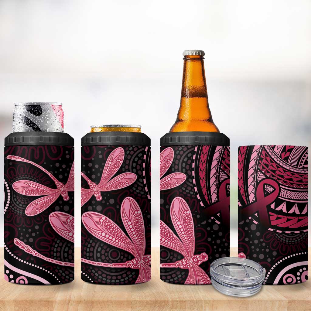 Australia Indigenous Mix Polynesian 4 in 1 Can Cooler Tumbler Pink Ribbon and Dragonflies - Aussie Hoodie
