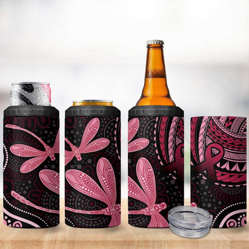 Australia Indigenous Mix Polynesian 4 in 1 Can Cooler Tumbler Pink Ribbon and Dragonflies - Aussie Hoodie