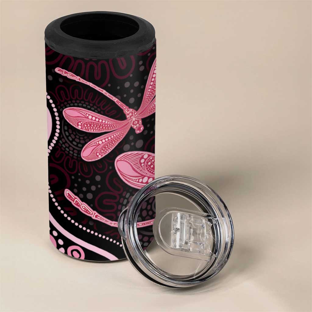 Australia Indigenous Mix Polynesian 4 in 1 Can Cooler Tumbler Pink Ribbon and Dragonflies - Aussie Hoodie