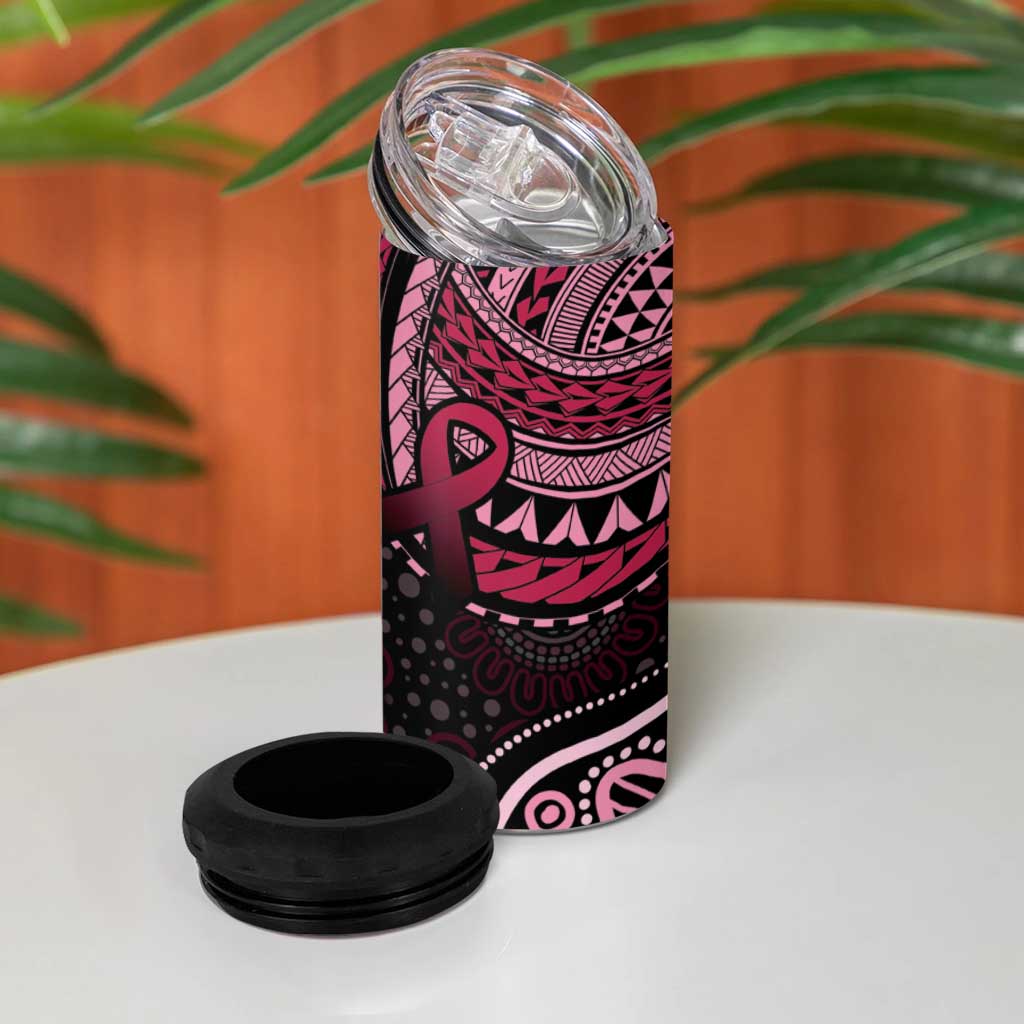 Australia Indigenous Mix Polynesian 4 in 1 Can Cooler Tumbler Pink Ribbon and Dragonflies - Aussie Hoodie