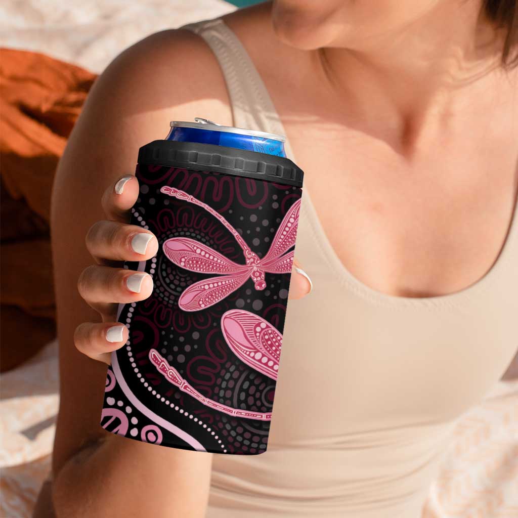 Australia Indigenous Mix Polynesian 4 in 1 Can Cooler Tumbler Pink Ribbon and Dragonflies - Aussie Hoodie