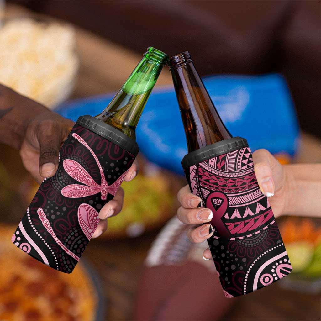 Australia Indigenous Mix Polynesian 4 in 1 Can Cooler Tumbler Pink Ribbon and Dragonflies - Aussie Hoodie