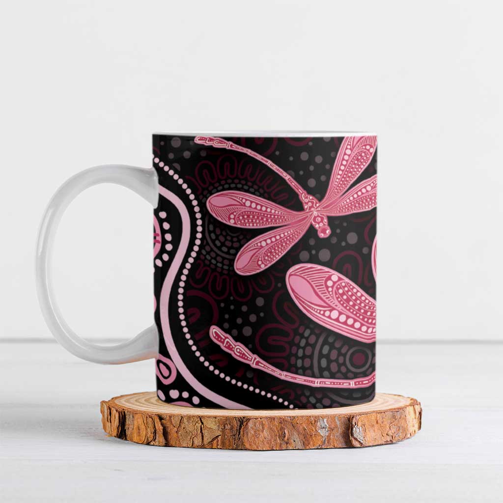 Australia Indigenous Mix Polynesian Ceramic Mug Pink Ribbon and Dragonflies - Aussie Hoodie