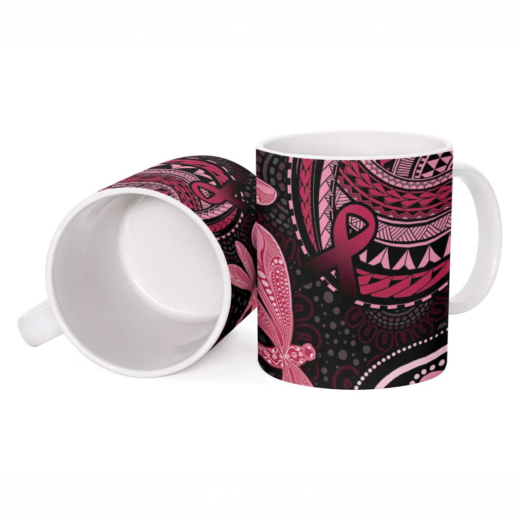 Australia Indigenous Mix Polynesian Ceramic Mug Pink Ribbon and Dragonflies - Aussie Hoodie