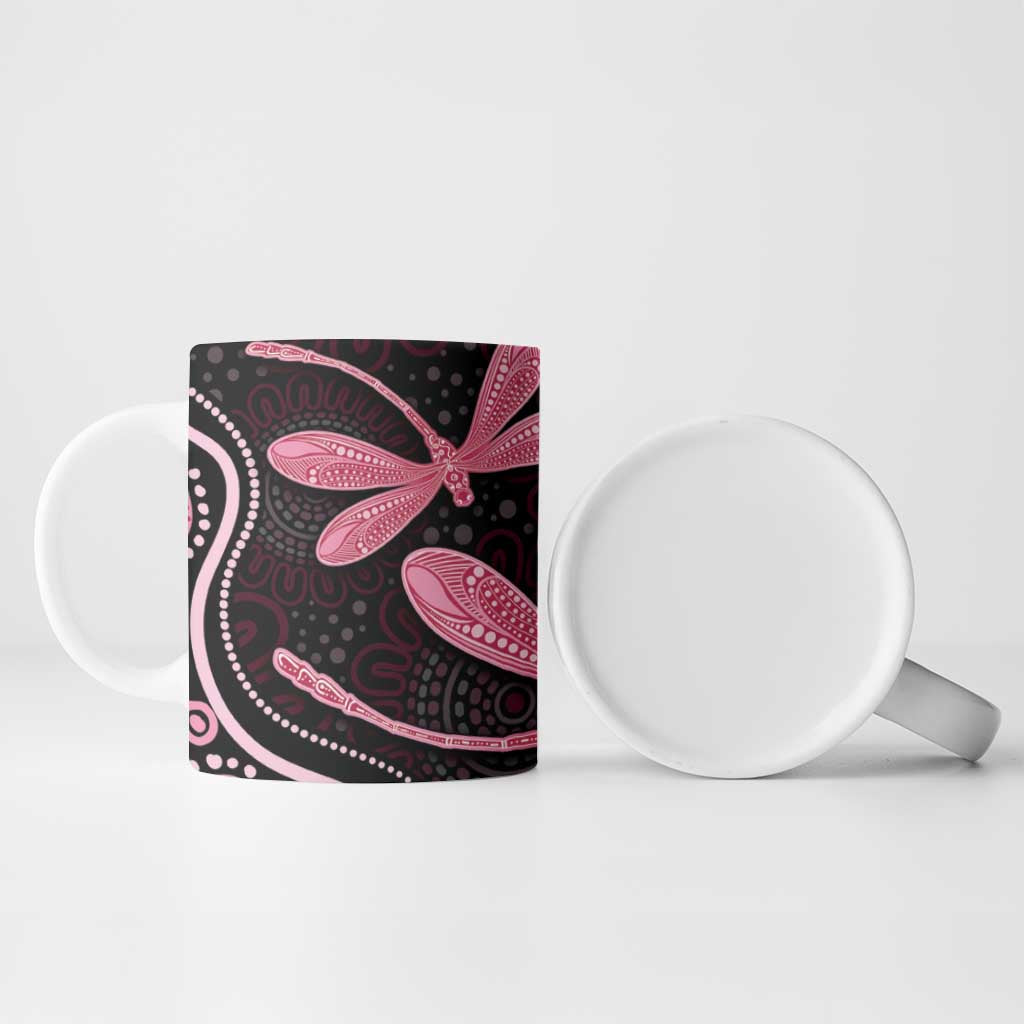 Australia Indigenous Mix Polynesian Ceramic Mug Pink Ribbon and Dragonflies - Aussie Hoodie