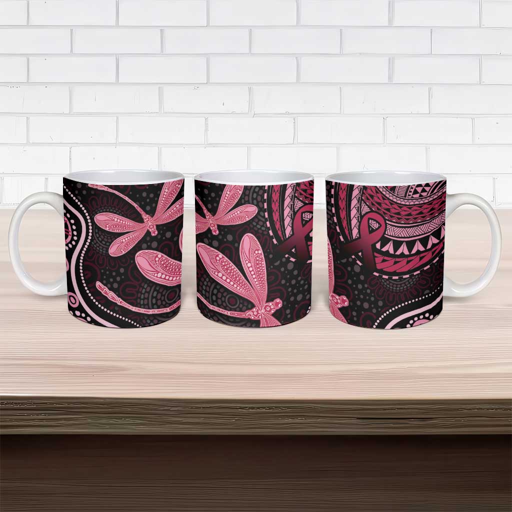 Australia Indigenous Mix Polynesian Ceramic Mug Pink Ribbon and Dragonflies - Aussie Hoodie