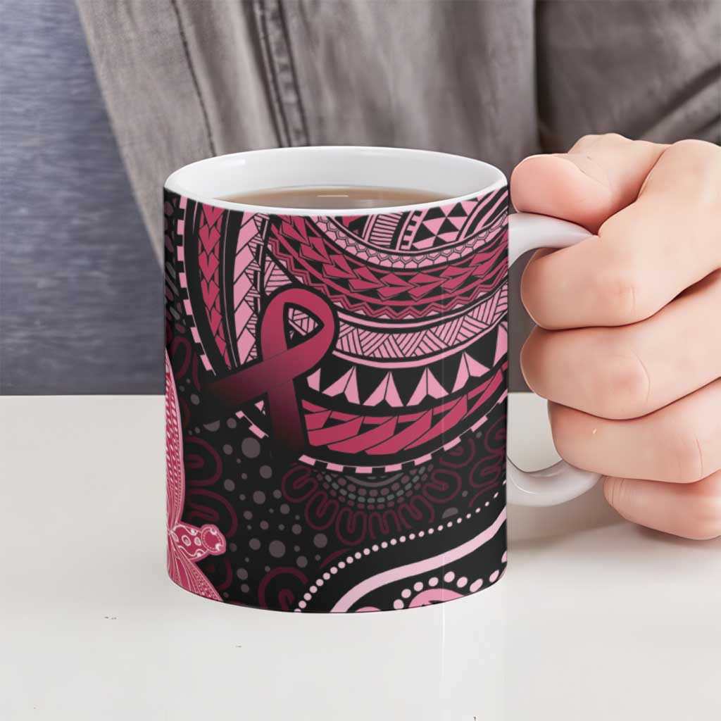 Australia Indigenous Mix Polynesian Ceramic Mug Pink Ribbon and Dragonflies - Aussie Hoodie