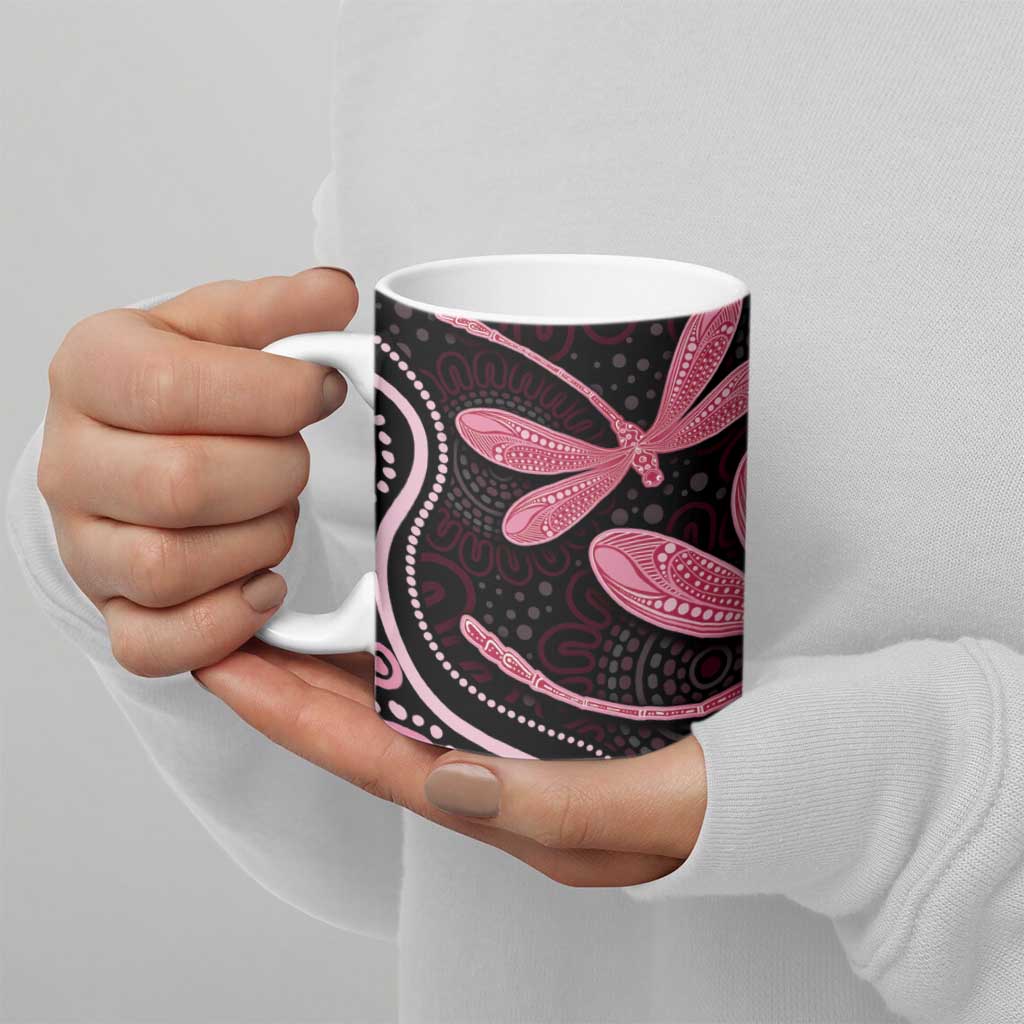 Australia Indigenous Mix Polynesian Ceramic Mug Pink Ribbon and Dragonflies - Aussie Hoodie