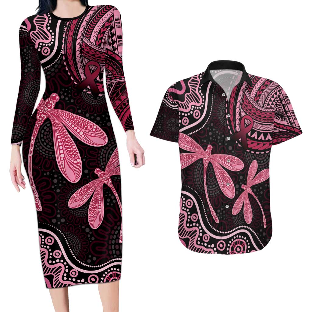 Australia Indigenous Mix Polynesian Couples Matching Long Sleeve Bodycon Dress and Hawaiian Shirt Pink Ribbon and Dragonflies - Aussie Hoodie