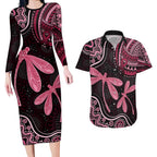 Australia Indigenous Mix Polynesian Couples Matching Long Sleeve Bodycon Dress and Hawaiian Shirt Pink Ribbon and Dragonflies - Aussie Hoodie