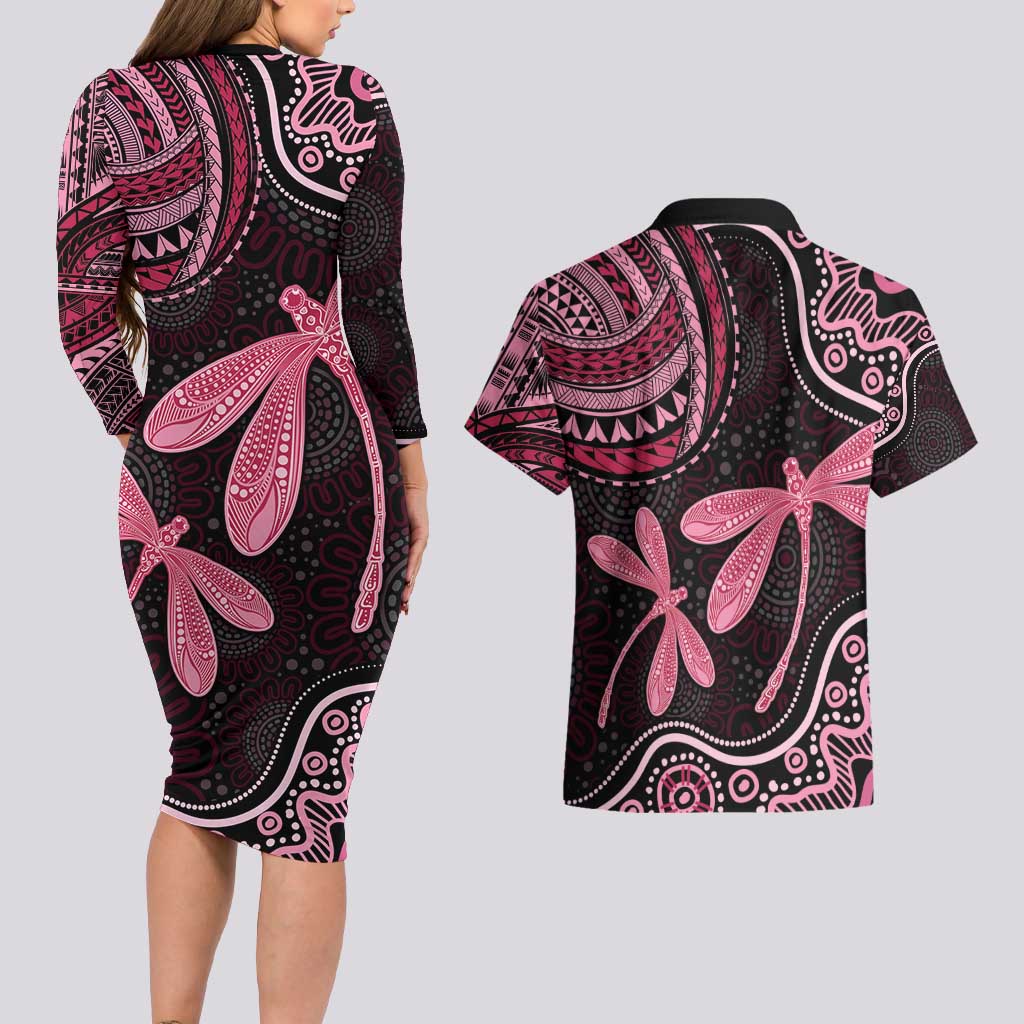 Australia Indigenous Mix Polynesian Couples Matching Long Sleeve Bodycon Dress and Hawaiian Shirt Pink Ribbon and Dragonflies - Aussie Hoodie
