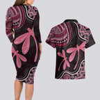 Australia Indigenous Mix Polynesian Couples Matching Long Sleeve Bodycon Dress and Hawaiian Shirt Pink Ribbon and Dragonflies - Aussie Hoodie