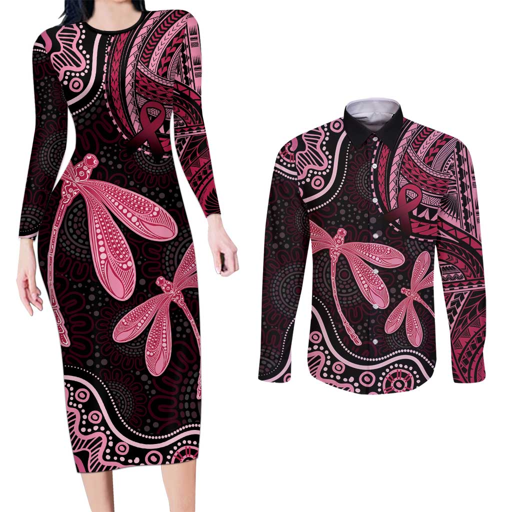 Australia Indigenous Mix Polynesian Couples Matching Long Sleeve Bodycon Dress and Long Sleeve Button Shirt Pink Ribbon and Dragonflies - Aussie Hoodie