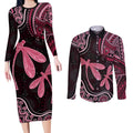 Australia Indigenous Mix Polynesian Couples Matching Long Sleeve Bodycon Dress and Long Sleeve Button Shirt Pink Ribbon and Dragonflies - Aussie Hoodie