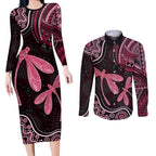 Australia Indigenous Mix Polynesian Couples Matching Long Sleeve Bodycon Dress and Long Sleeve Button Shirt Pink Ribbon and Dragonflies - Aussie Hoodie
