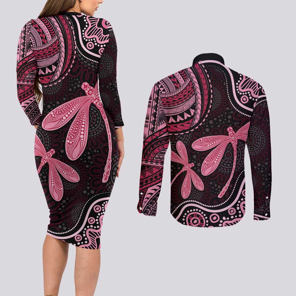 Australia Indigenous Mix Polynesian Couples Matching Long Sleeve Bodycon Dress and Long Sleeve Button Shirt Pink Ribbon and Dragonflies - Aussie Hoodie