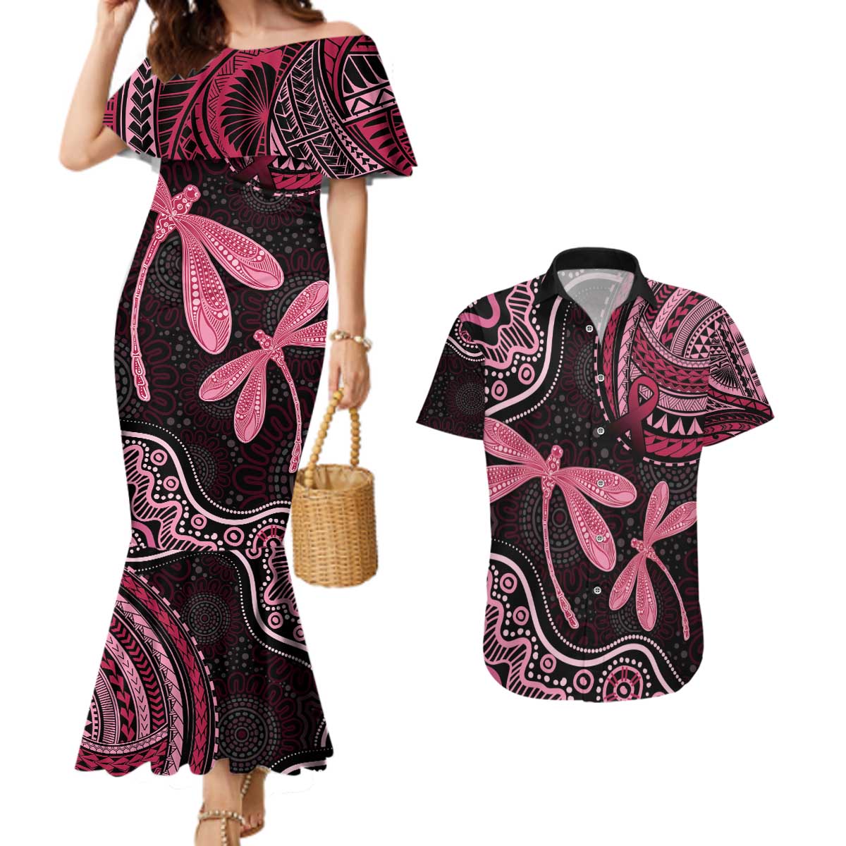 Australia Indigenous Mix Polynesian Couples Matching Mermaid Dress and Hawaiian Shirt Pink Ribbon and Dragonflies - Aussie Hoodie